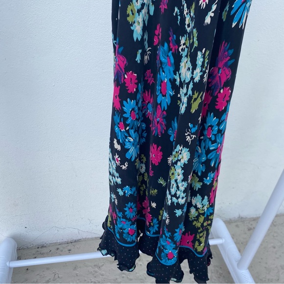 Y2K 100% Silk Black Multicolor Floral & Polka Dot Slip Dress Size 1/2 - Picture 8 of 10
